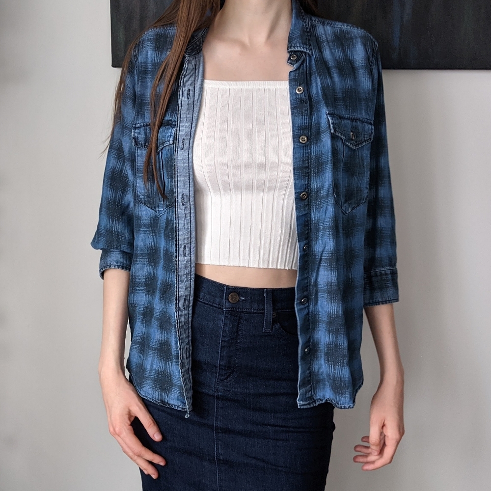&DENIM Blue Black Plaid Button Up